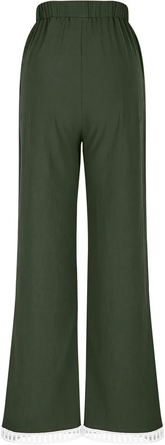 2025 Womens Capri Lace Linen Pants, Casual Summer Drawstring Elastic High Waist Pant Straight Cropped Trouser