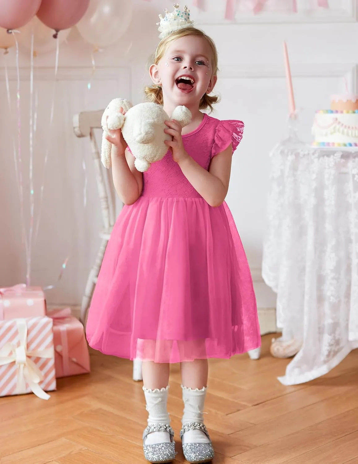 Arshiner Toddler Lace Tutu Dresses Ruffle Sleeve 3 Layers Tulle Flower Wedding Birthday Summer Little Girls Dress