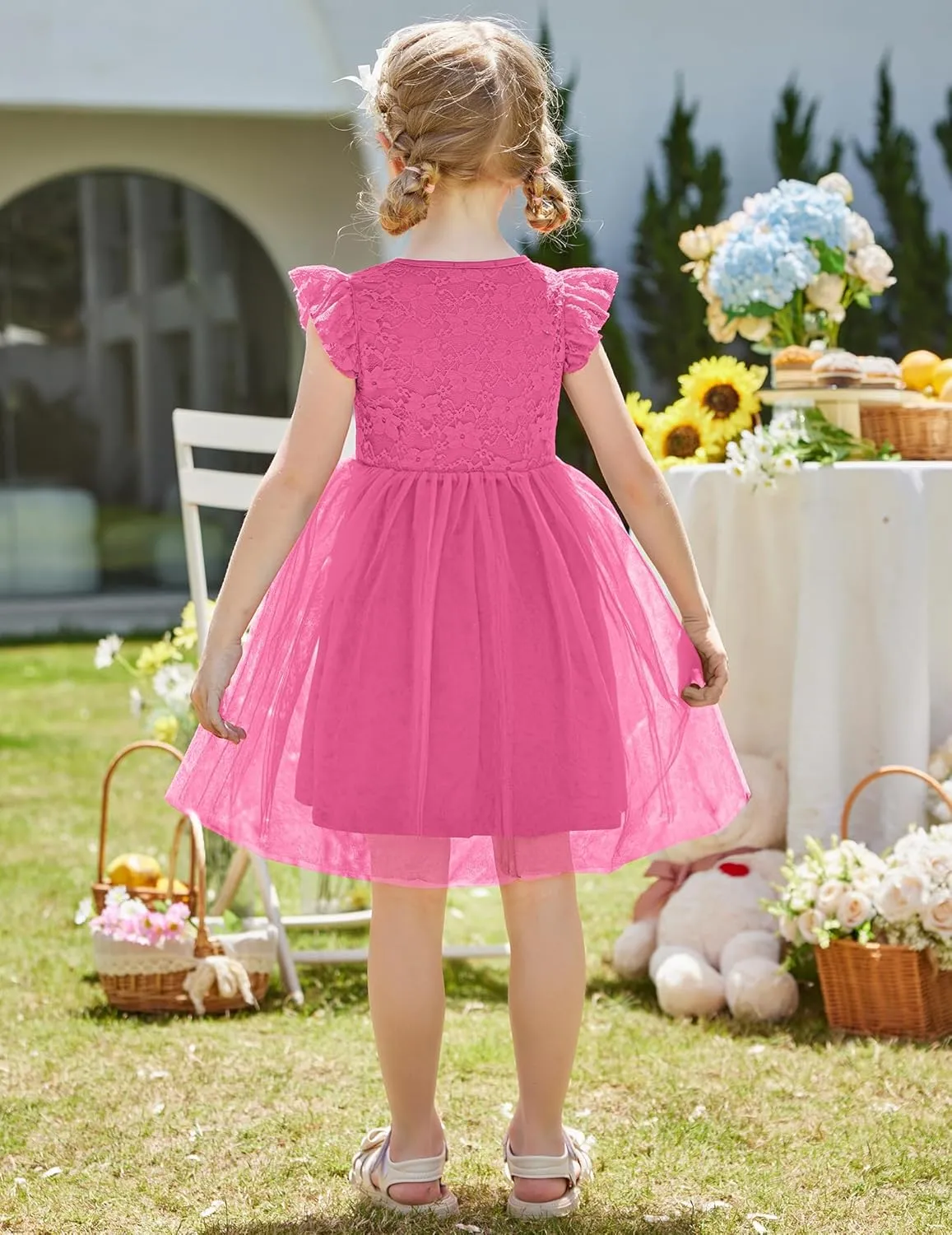 Arshiner Toddler Lace Tutu Dresses Ruffle Sleeve 3 Layers Tulle Flower Wedding Birthday Summer Little Girls Dress
