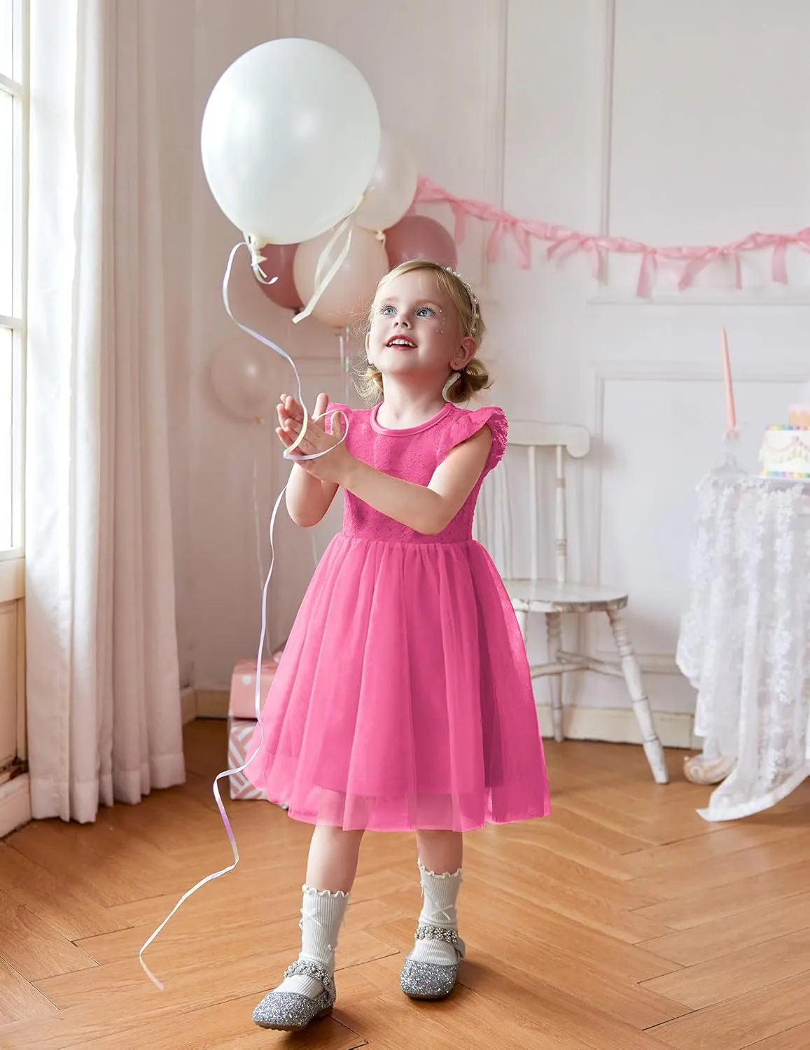 Arshiner Toddler Lace Tutu Dresses Ruffle Sleeve 3 Layers Tulle Flower Wedding Birthday Summer Little Girls Dress