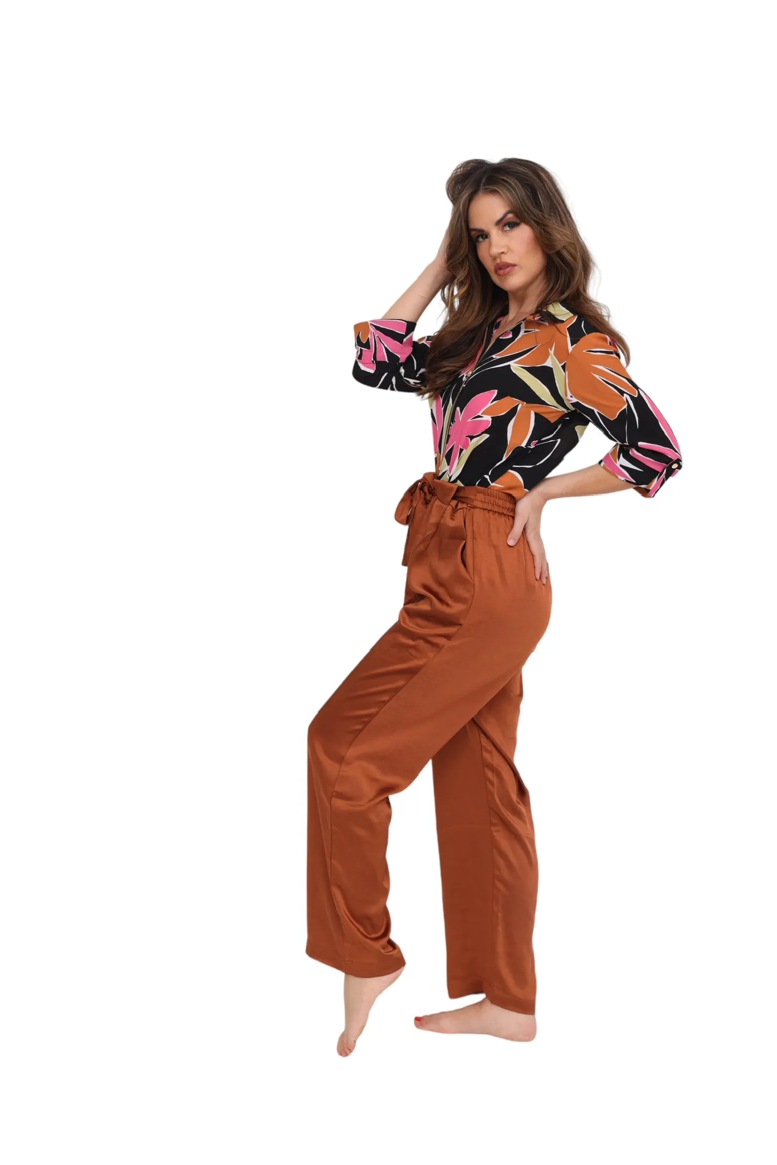Belted Satin Wide Leg Pant - Rust