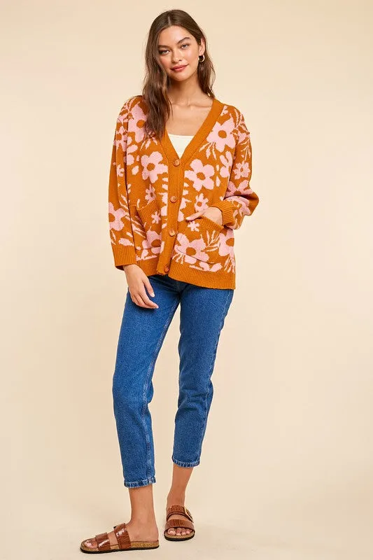 Camel Daisy Print Knitted Cardigan
