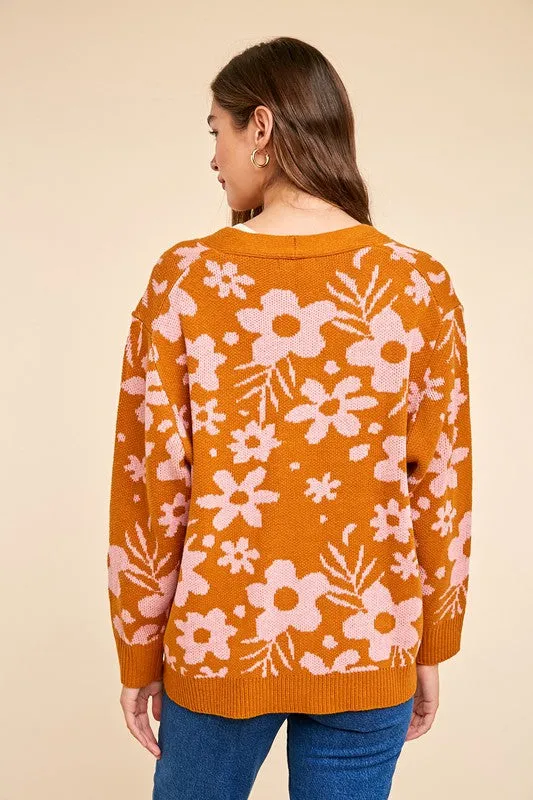Camel Daisy Print Knitted Cardigan