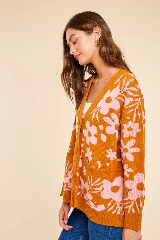 Camel Daisy Print Knitted Cardigan