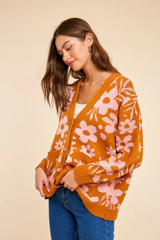 Camel Daisy Print Knitted Cardigan