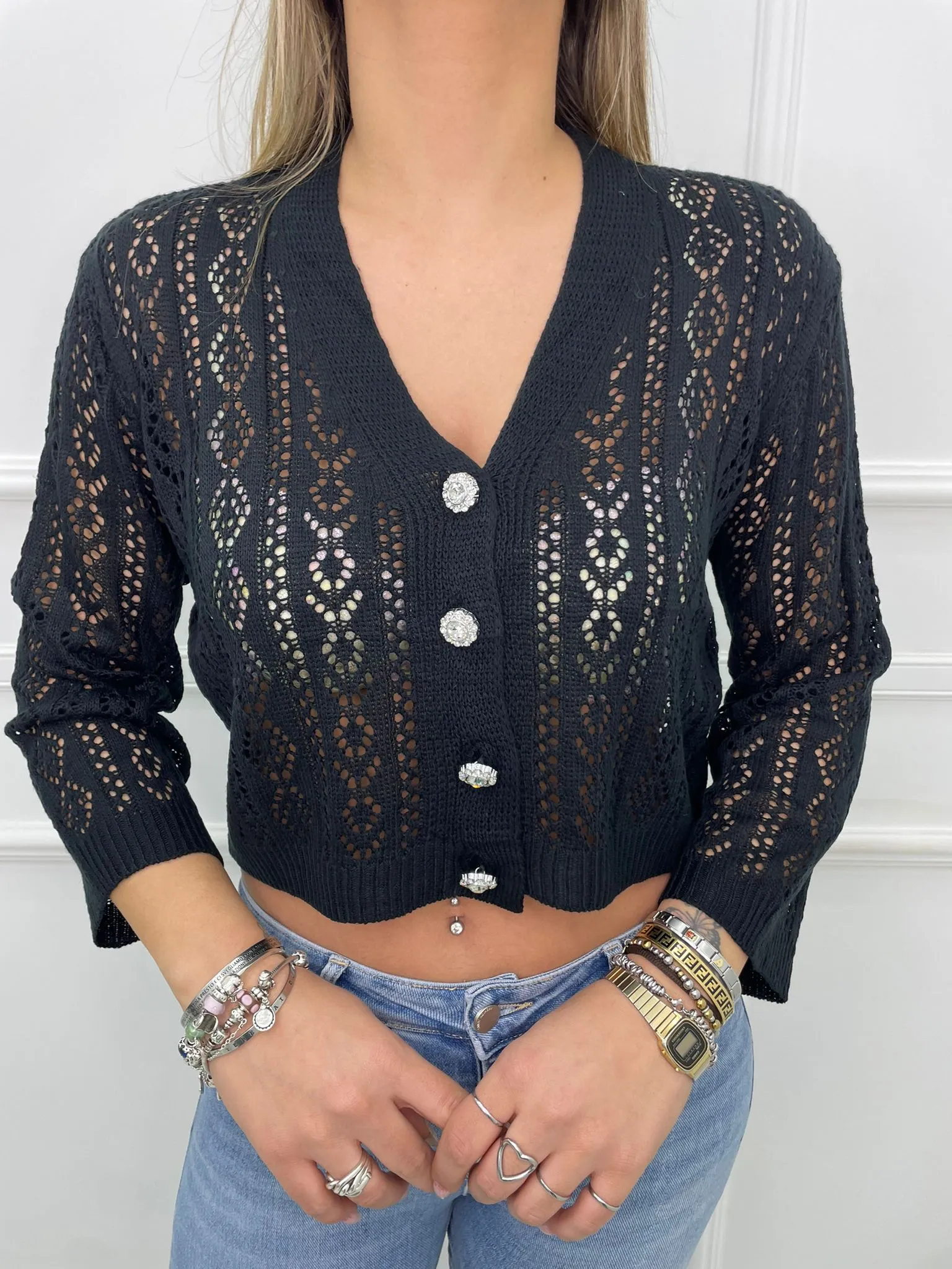Cardigan traforato con bottoni swarovski