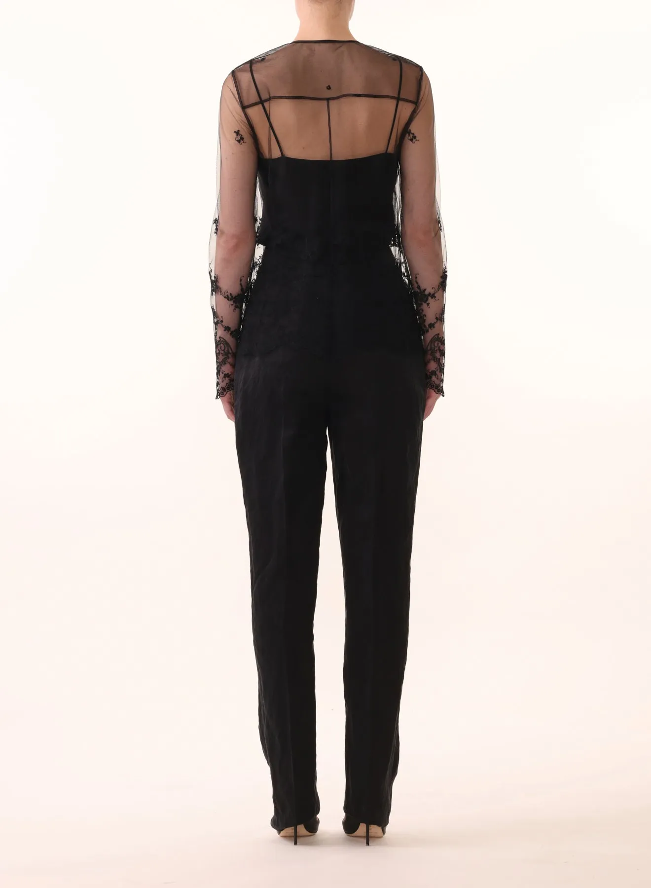 EMBROIDERED TULLE L/S TIE FRONT BLOUSE