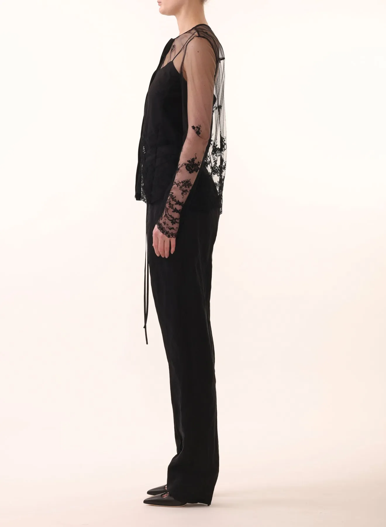 EMBROIDERED TULLE L/S TIE FRONT BLOUSE