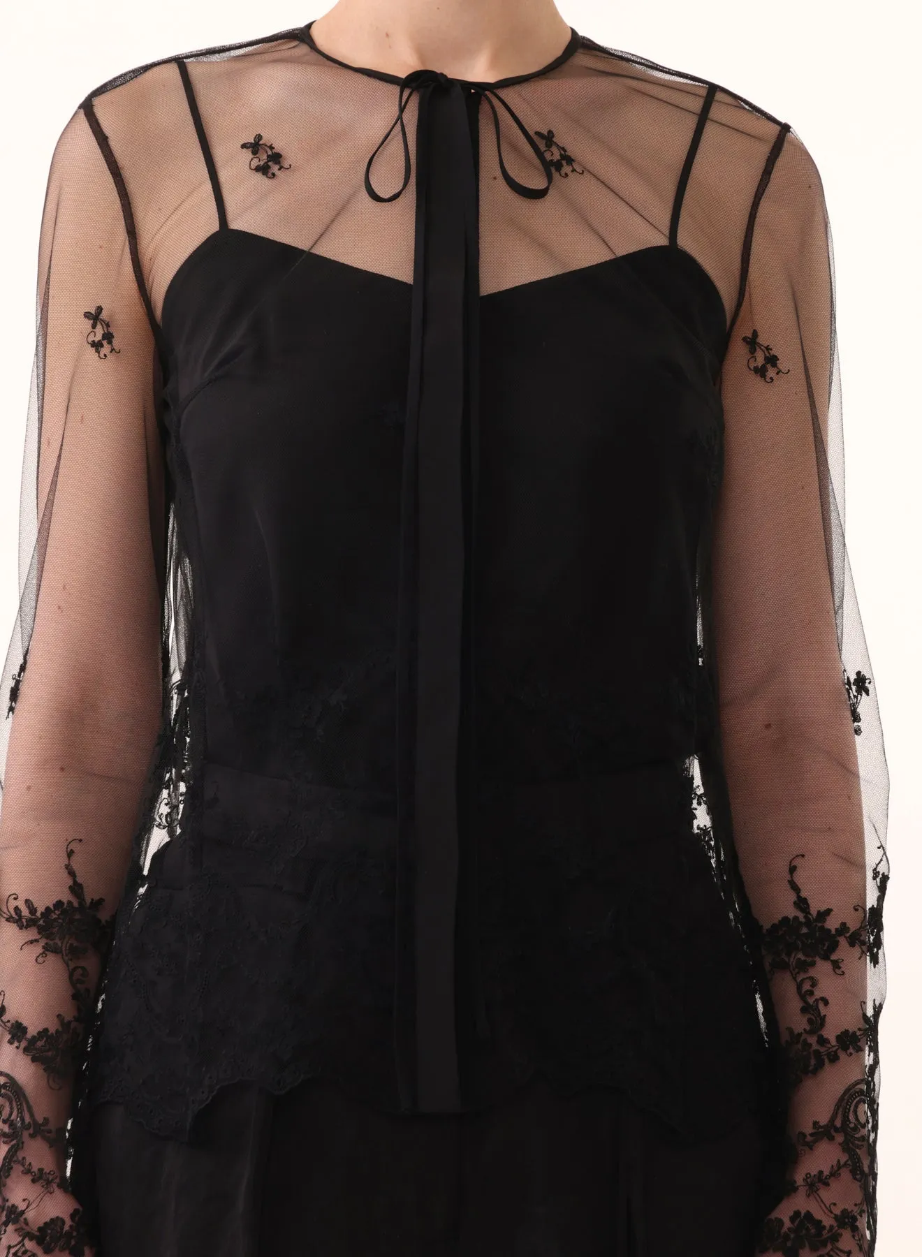 EMBROIDERED TULLE L/S TIE FRONT BLOUSE