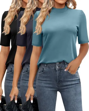 Ficerd 3 Pack Women's Mock Turtleneck Shirts, Half Short Sleeve Tops Dressy Casual High Mock Neck T Shirt Summer Basic Blouse