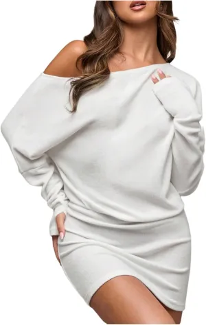 GORGLITTER Women's Off The Shoulder Sweater Dress Long Sleeve Asymmetrical Bodycon Mini Dresses