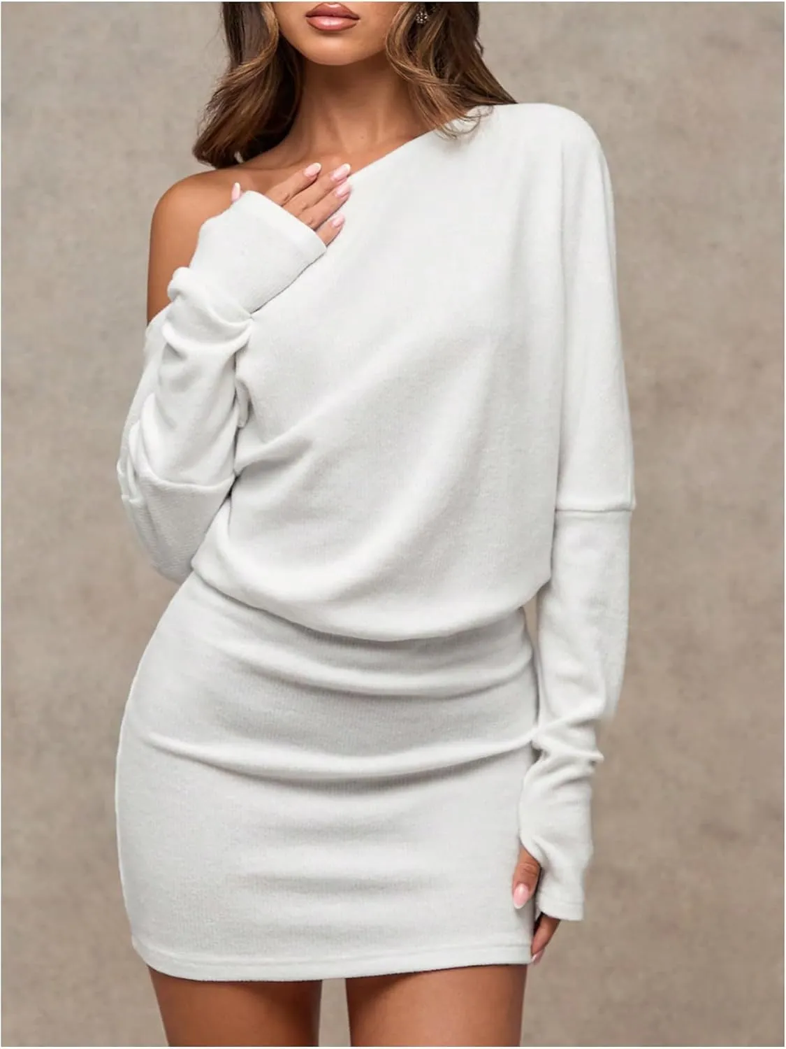 GORGLITTER Women's Off The Shoulder Sweater Dress Long Sleeve Asymmetrical Bodycon Mini Dresses