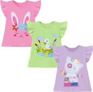 HILEELANG Girl Short Sleeve Tees Easter Graphic Cotton Summer T-Shirts 3Packs