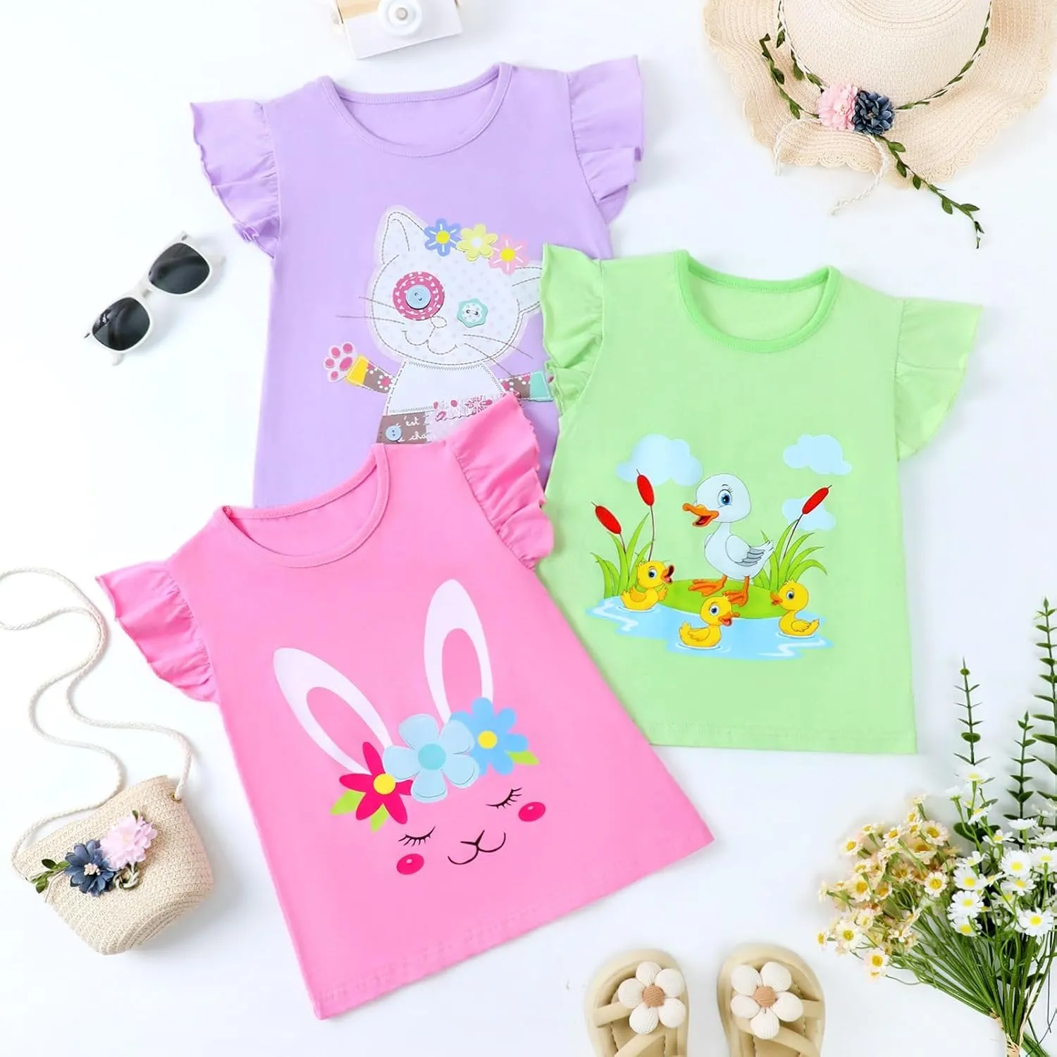 HILEELANG Girl Short Sleeve Tees Easter Graphic Cotton Summer T-Shirts 3Packs