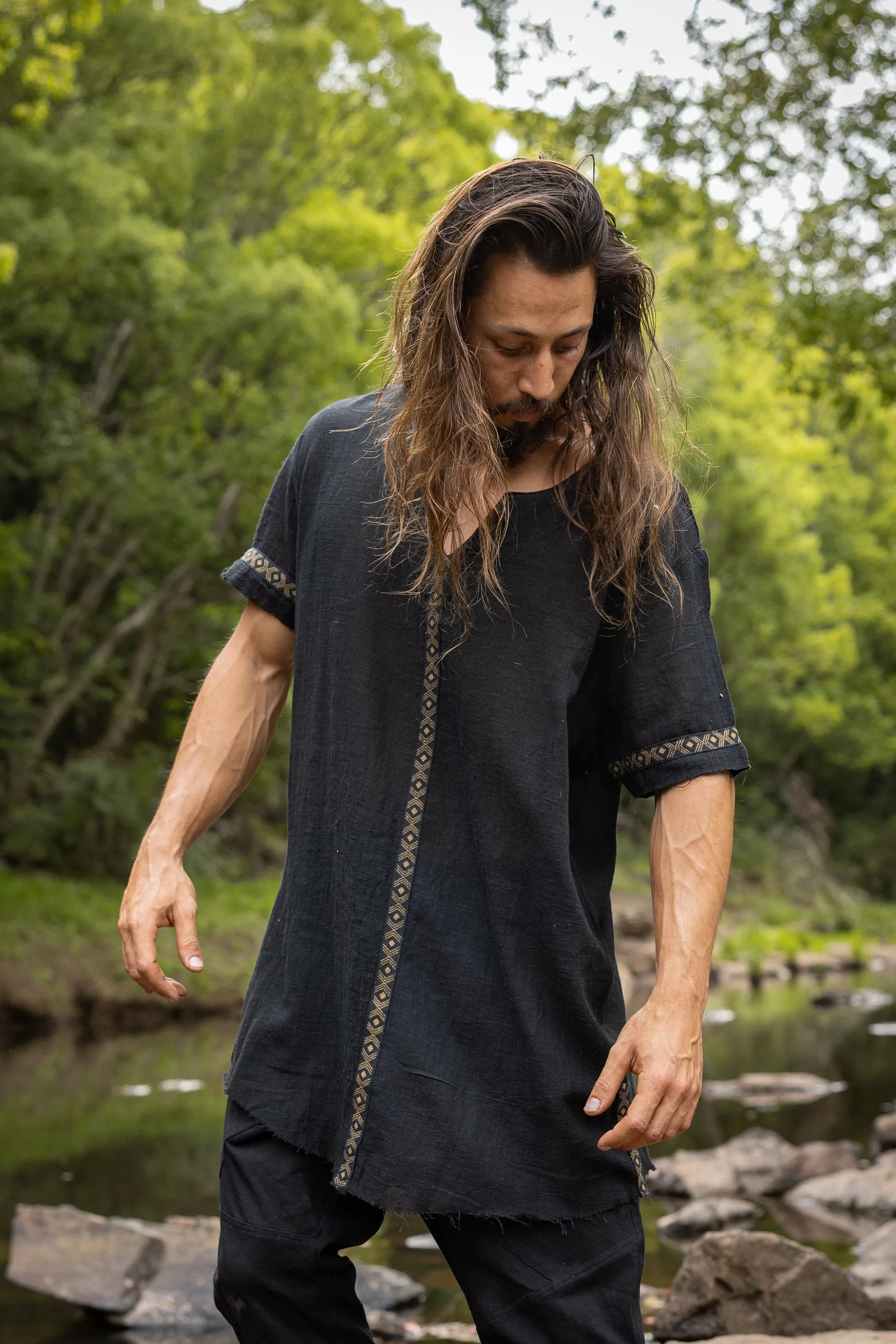 IKRAN Mustard Mens Cotton T Shirt Top Stone Washed Naturally Dyed Tribal Open V Neck Breathable Festival Ceremony Ritual Shaman AJJAYA