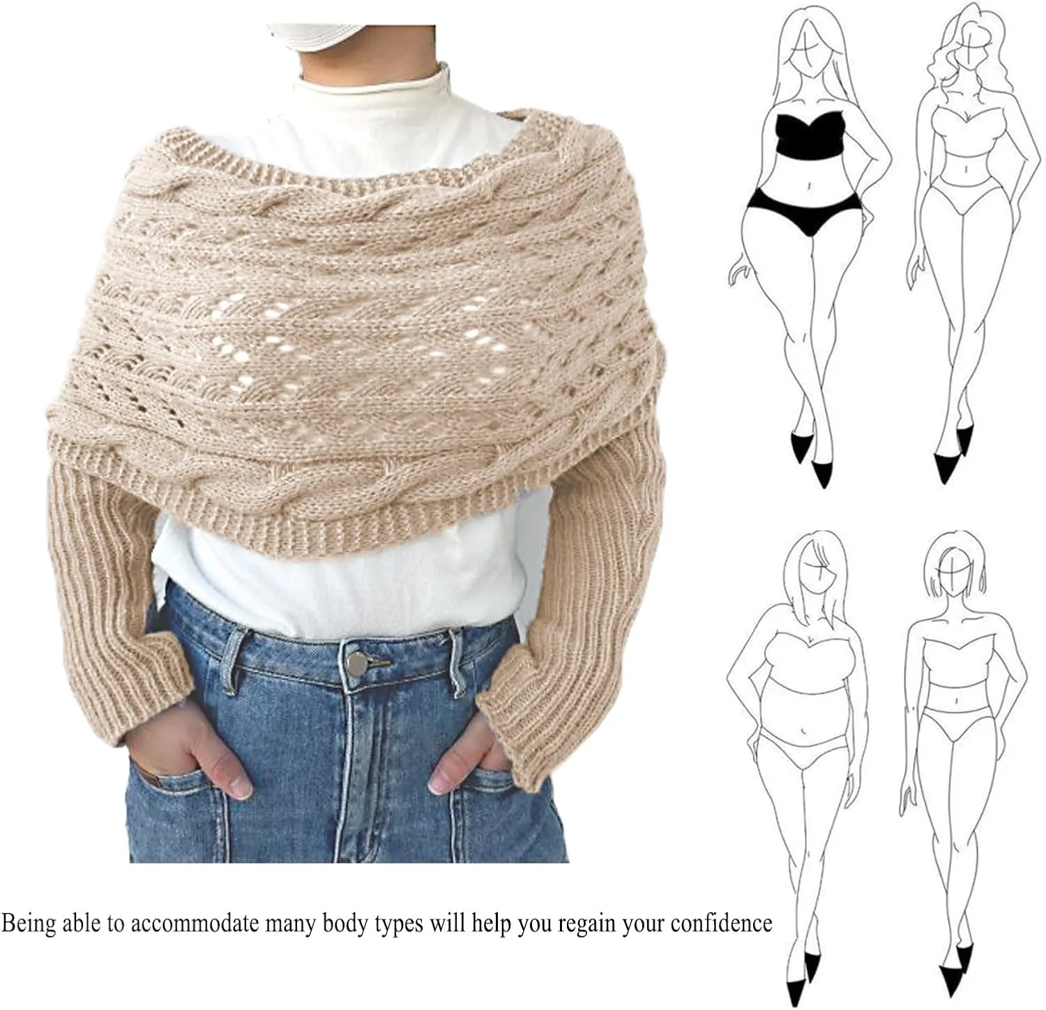Knitted Cable Wrap,Shrugs for Women,Knitted Wrap,Scarf with Sleeves for Women,Sweater Scarf with Sleeves(Black)