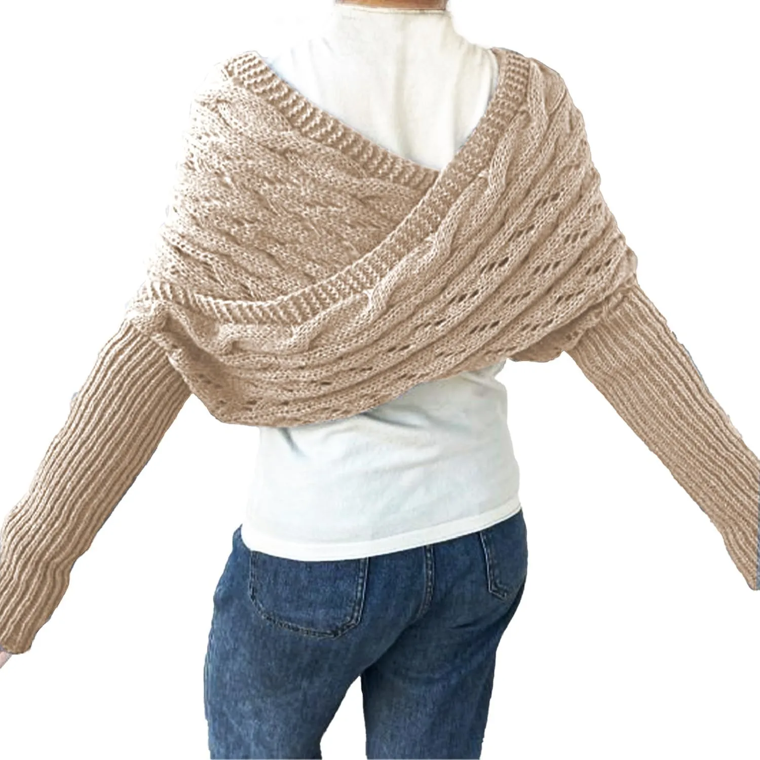 Knitted Cable Wrap,Shrugs for Women,Knitted Wrap,Scarf with Sleeves for Women,Sweater Scarf with Sleeves(Black)
