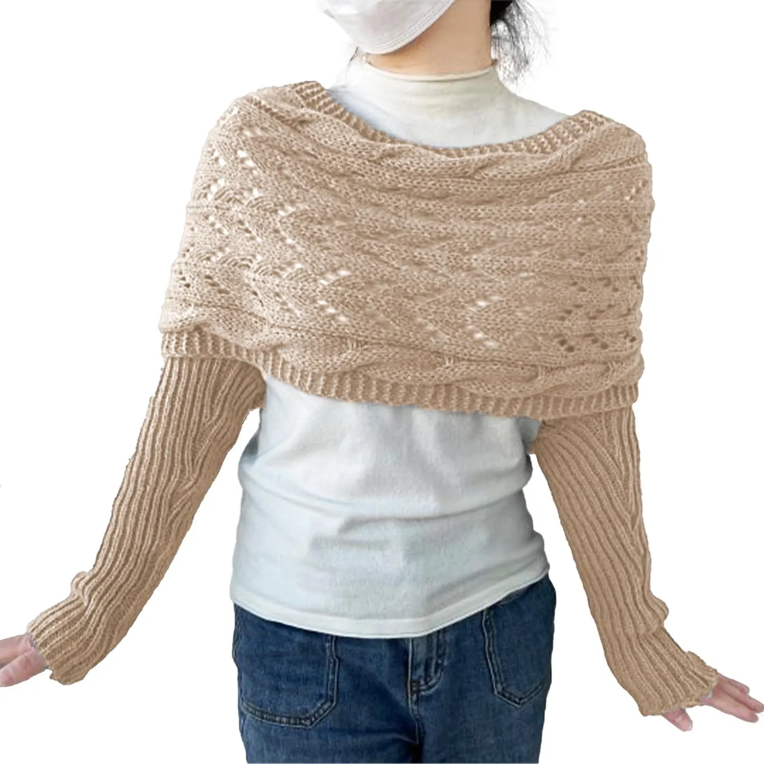 Knitted Cable Wrap,Shrugs for Women,Knitted Wrap,Scarf with Sleeves for Women,Sweater Scarf with Sleeves(Black)