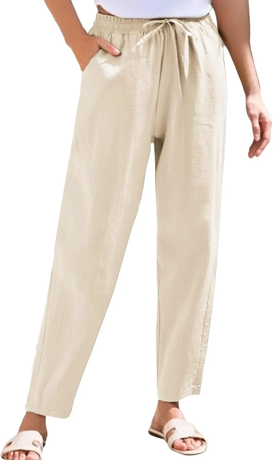 Linen Pants Women Cropped Lightweight Summer Drawstring Pant Petite Length Straight Leg Tapered Pants with Pockets