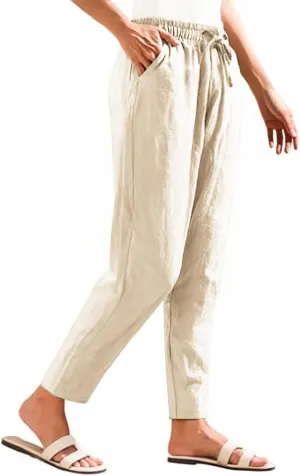 Linen Pants Women Cropped Lightweight Summer Drawstring Pant Petite Length Straight Leg Tapered Pants with Pockets