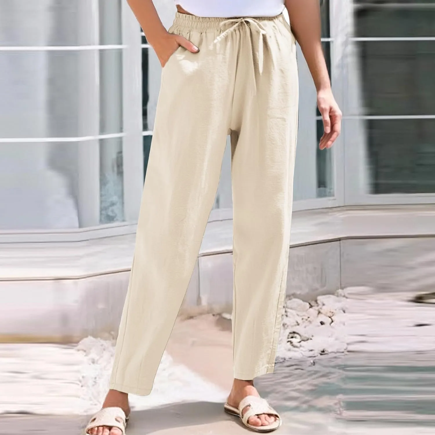 Linen Pants Women Cropped Lightweight Summer Drawstring Pant Petite Length Straight Leg Tapered Pants with Pockets