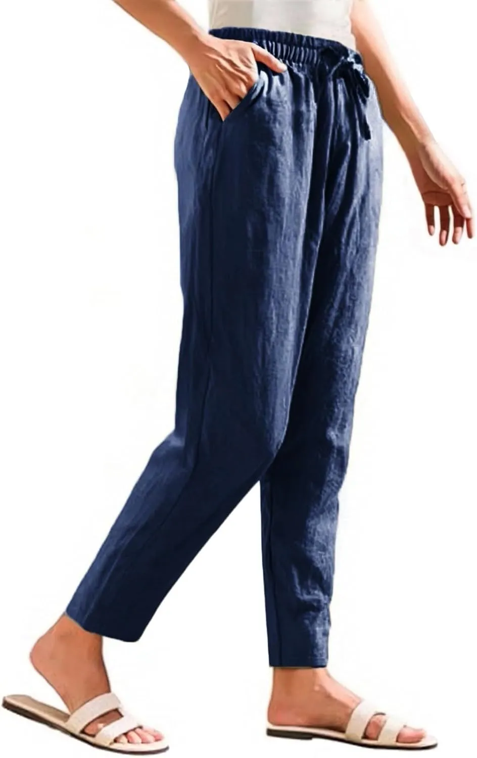 Linen Pants Women Trendy Wide Leg Elastic Drawstring Pants with Pockets Womens Trousers Lounge Comfy Wide Leg Trousers Women