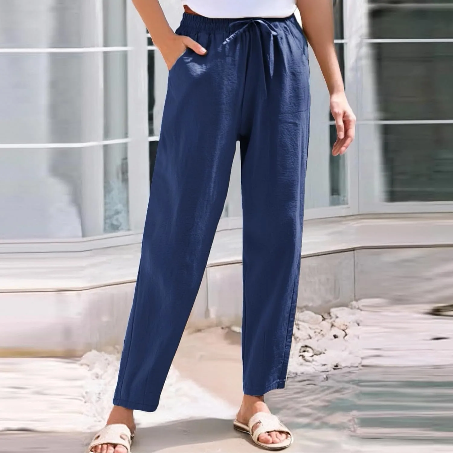 Linen Pants Women Trendy Wide Leg Elastic Drawstring Pants with Pockets Womens Trousers Lounge Comfy Wide Leg Trousers Women
