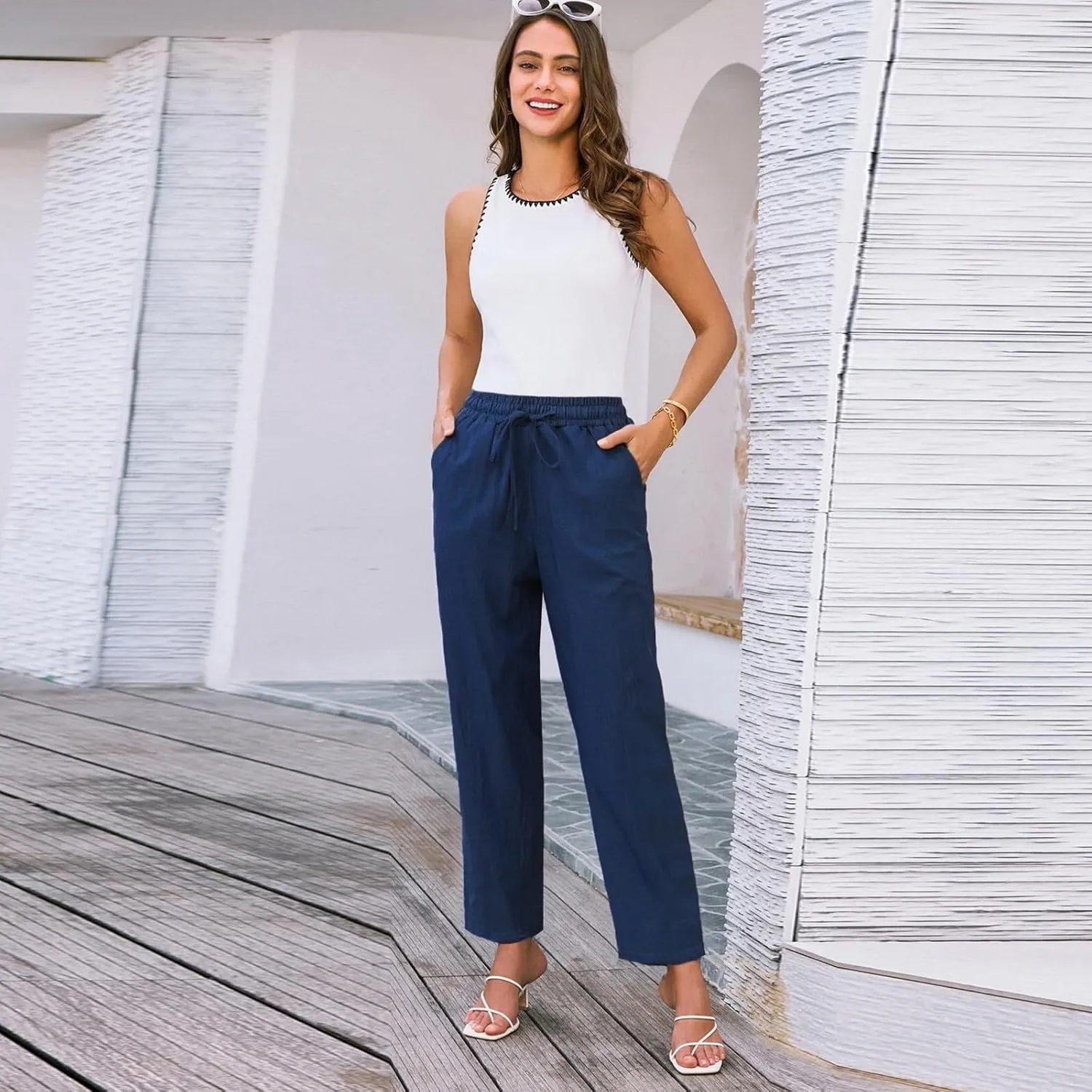 Linen Pants Women Trendy Wide Leg Elastic Drawstring Pants with Pockets Womens Trousers Lounge Comfy Wide Leg Trousers Women