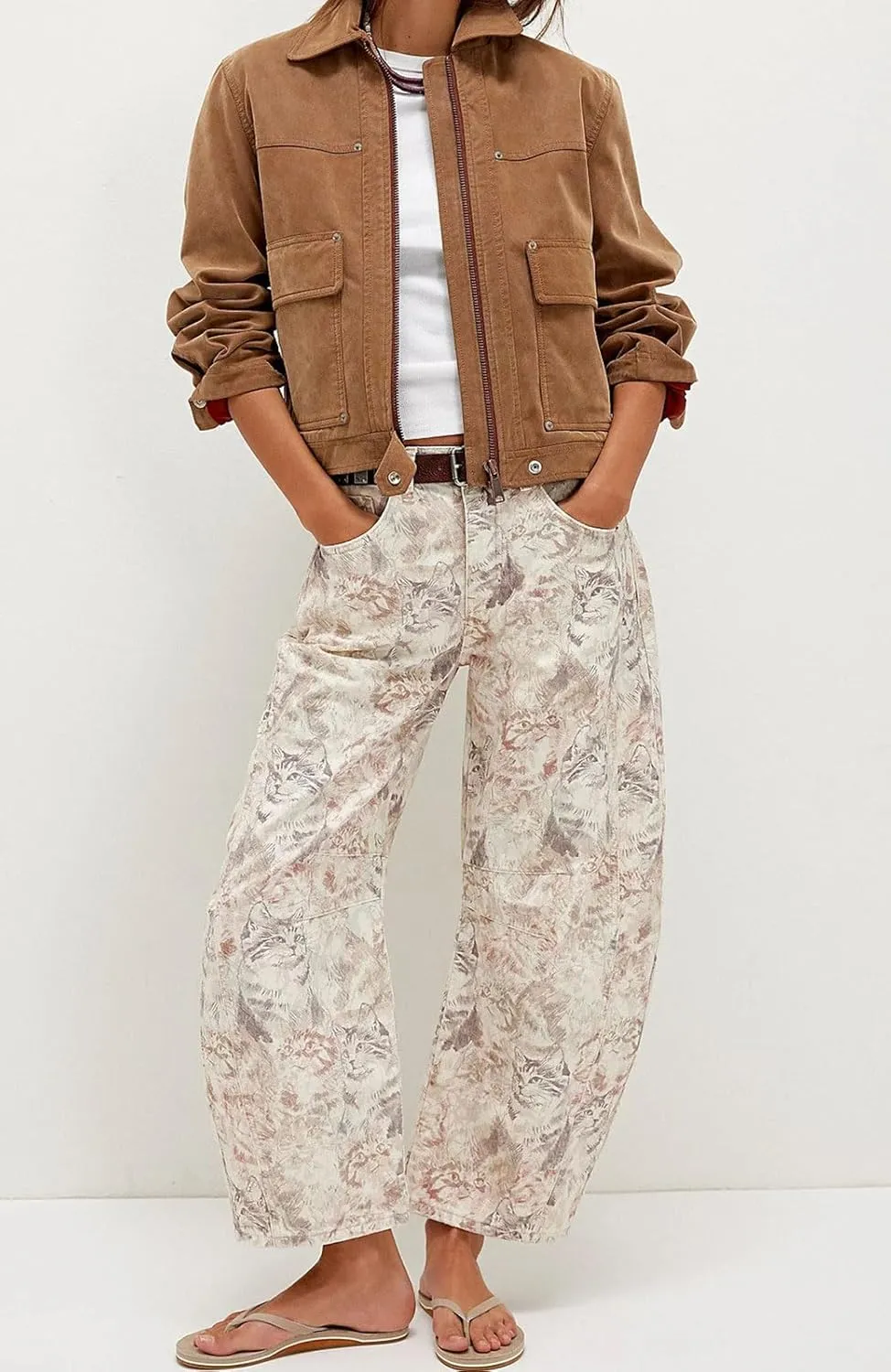 loveimgs Women Baggy Barrel Jeans Mid Rise Printed Denim Pants Wide Leg Jeans Boyfriend Y2k Patchwork Cartoon 2025 Hippie