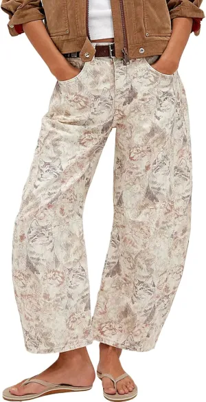 loveimgs Women Baggy Barrel Jeans Mid Rise Printed Denim Pants Wide Leg Jeans Boyfriend Y2k Patchwork Cartoon 2025 Hippie