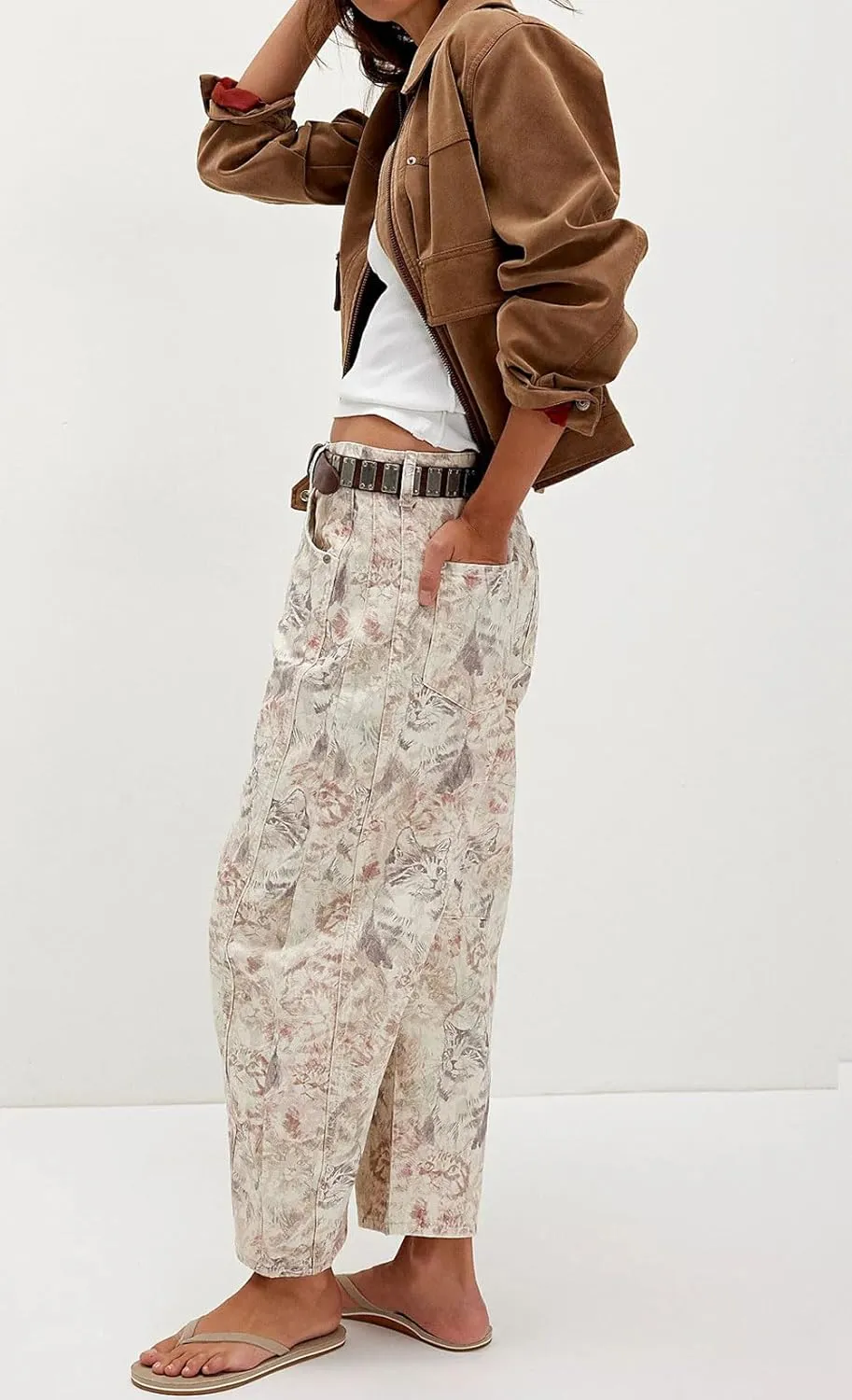 loveimgs Women Baggy Barrel Jeans Mid Rise Printed Denim Pants Wide Leg Jeans Boyfriend Y2k Patchwork Cartoon 2025 Hippie