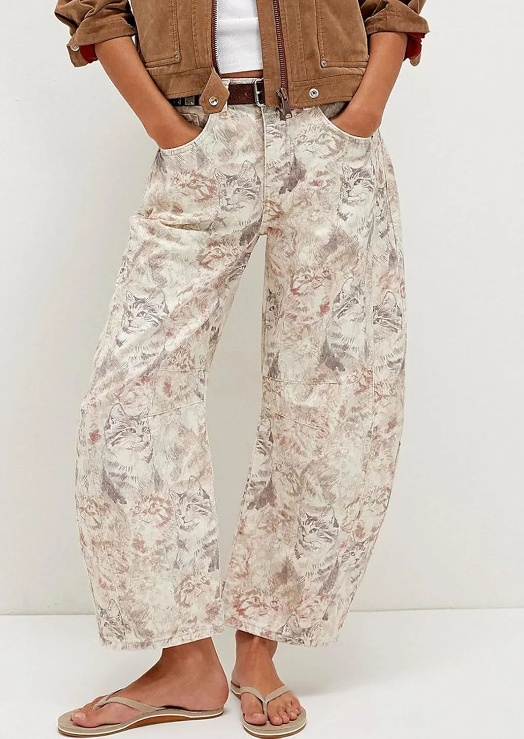 loveimgs Women Baggy Barrel Jeans Mid Rise Printed Denim Pants Wide Leg Jeans Boyfriend Y2k Patchwork Cartoon 2025 Hippie