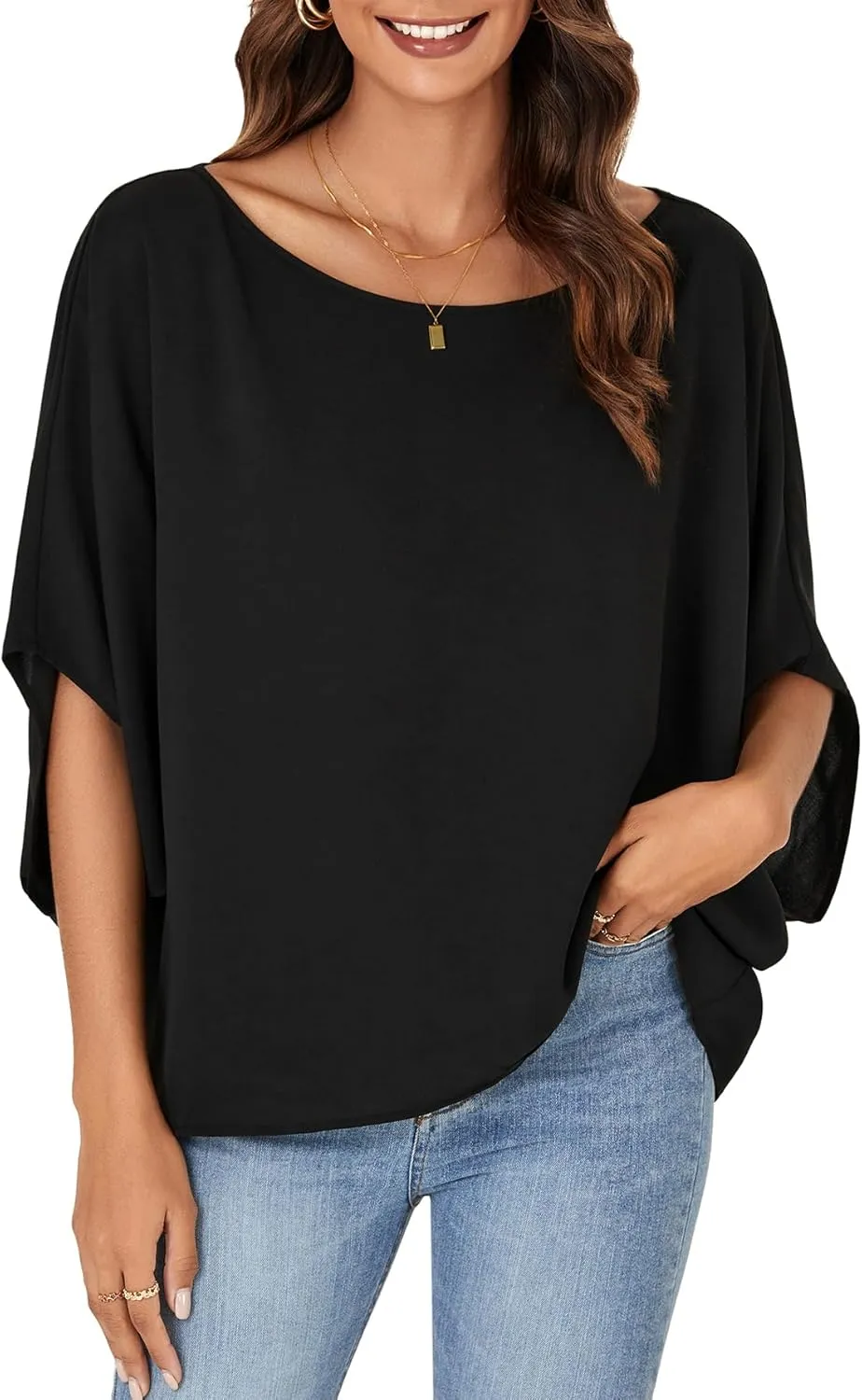 LYANER Women's Casual Loose Off Shoulder Batwing Half Sleeve Blouse Shirt Tunic Top