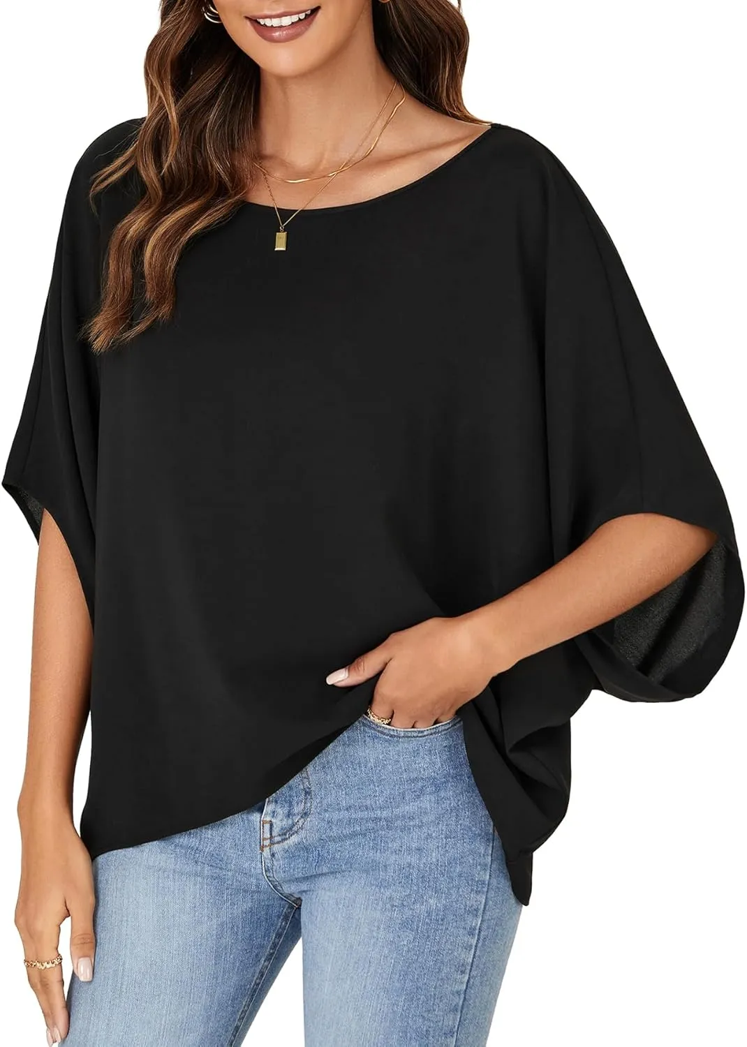 LYANER Women's Casual Loose Off Shoulder Batwing Half Sleeve Blouse Shirt Tunic Top
