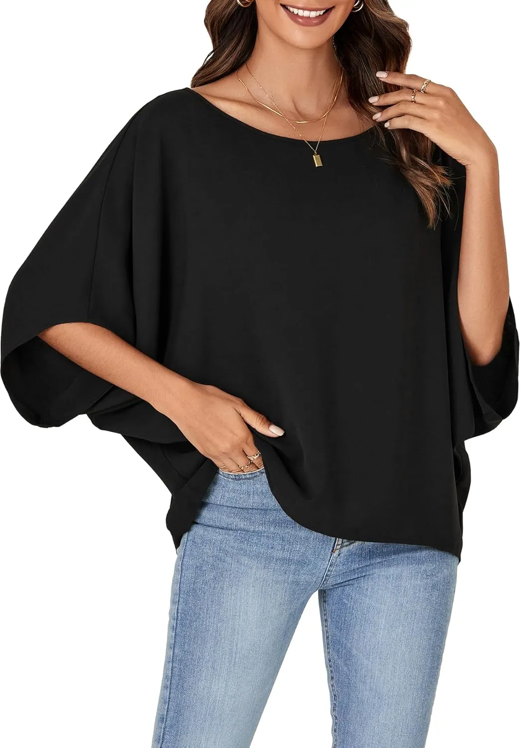 LYANER Women's Casual Loose Off Shoulder Batwing Half Sleeve Blouse Shirt Tunic Top
