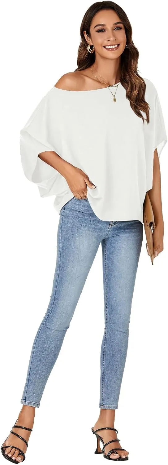LYANER Women's Casual Loose Off Shoulder Batwing Half Sleeve Blouse Shirt Tunic Top