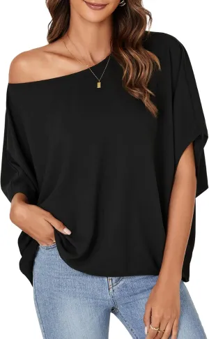 LYANER Women's Casual Loose Off Shoulder Batwing Half Sleeve Blouse Shirt Tunic Top