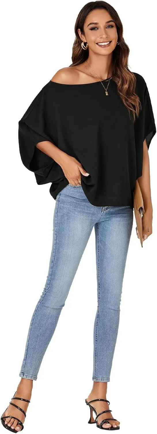 LYANER Women's Casual Loose Off Shoulder Batwing Half Sleeve Blouse Shirt Tunic Top