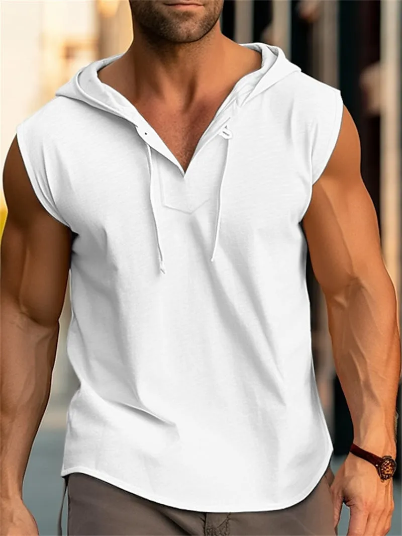 MEN'S SLEEVELESS FITNESS SPORTS DRAWSTRING SOLID COLOR HOODED VEST