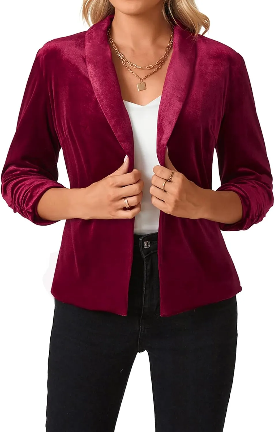MINTLIMIT Women's Velvet Blazer 3/4 Ruched Sleeve Open Front Blazers Casual Lightweight Shawl Lapel Jackets
