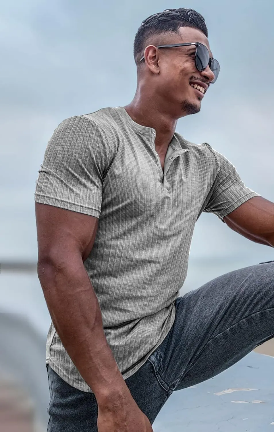 Muscle Cmdr Men's Ribbed Henley Shirt Slim Fit Muscle Shirt Fitted Cotton Short&Long Sleeve Casual T-Shirt