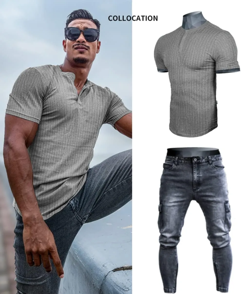Muscle Cmdr Men's Ribbed Henley Shirt Slim Fit Muscle Shirt Fitted Cotton Short&Long Sleeve Casual T-Shirt