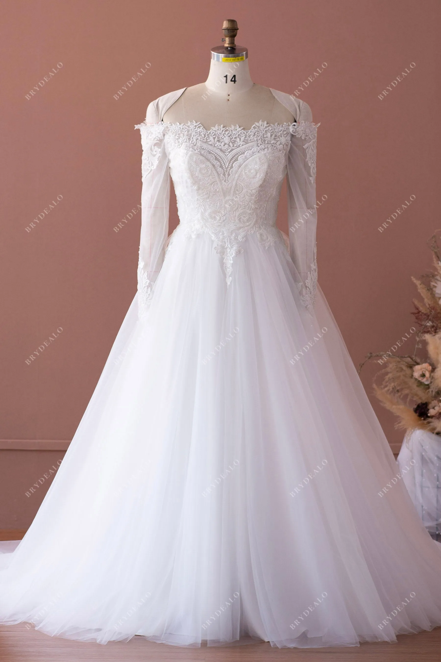Off-shoulder Illusion Sleeve Designer Beaded Lace Wedding Ball Gown