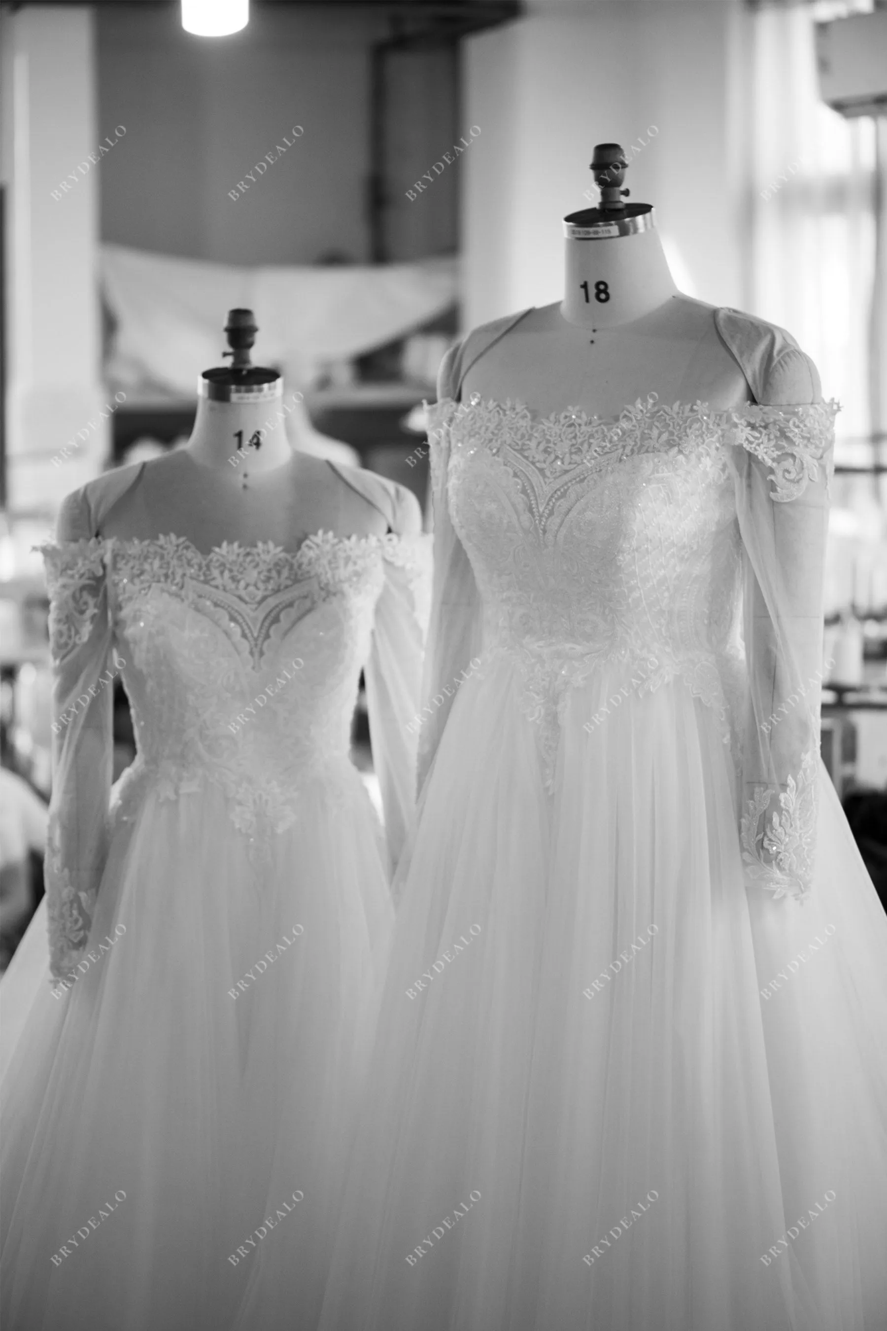 Off-shoulder Illusion Sleeve Designer Beaded Lace Wedding Ball Gown