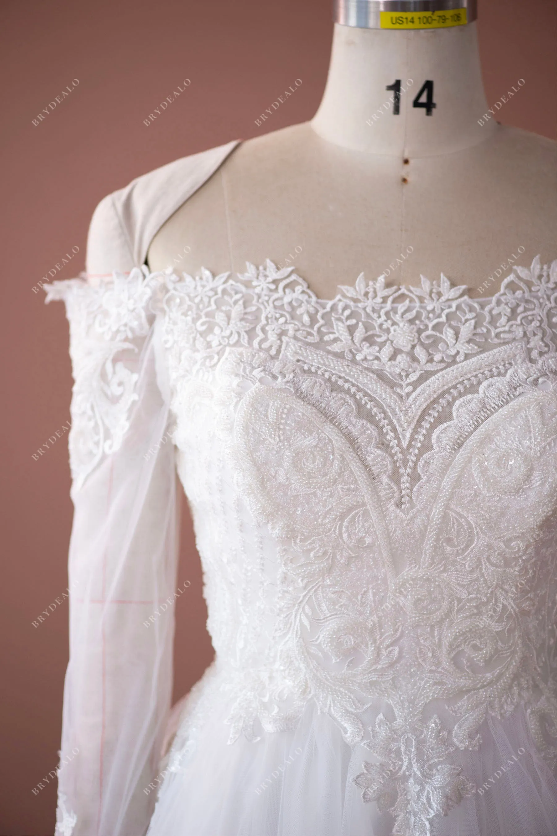 Off-shoulder Illusion Sleeve Designer Beaded Lace Wedding Ball Gown