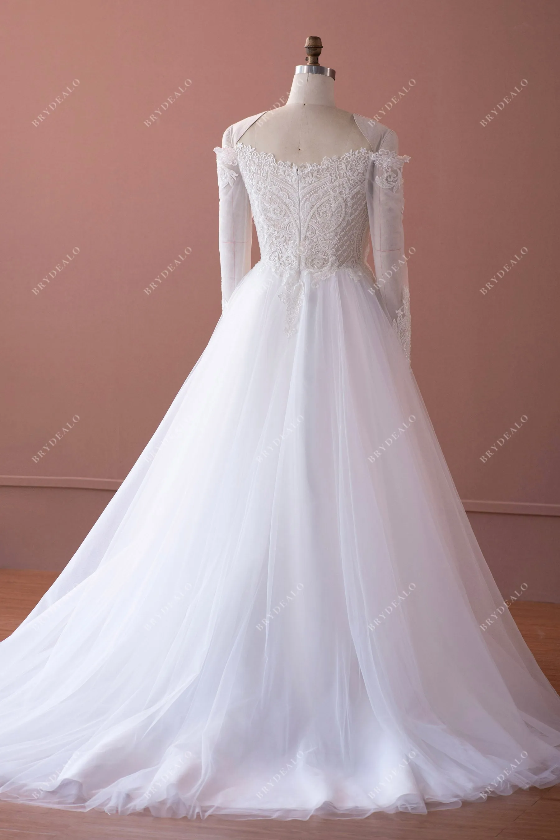 Off-shoulder Illusion Sleeve Designer Beaded Lace Wedding Ball Gown