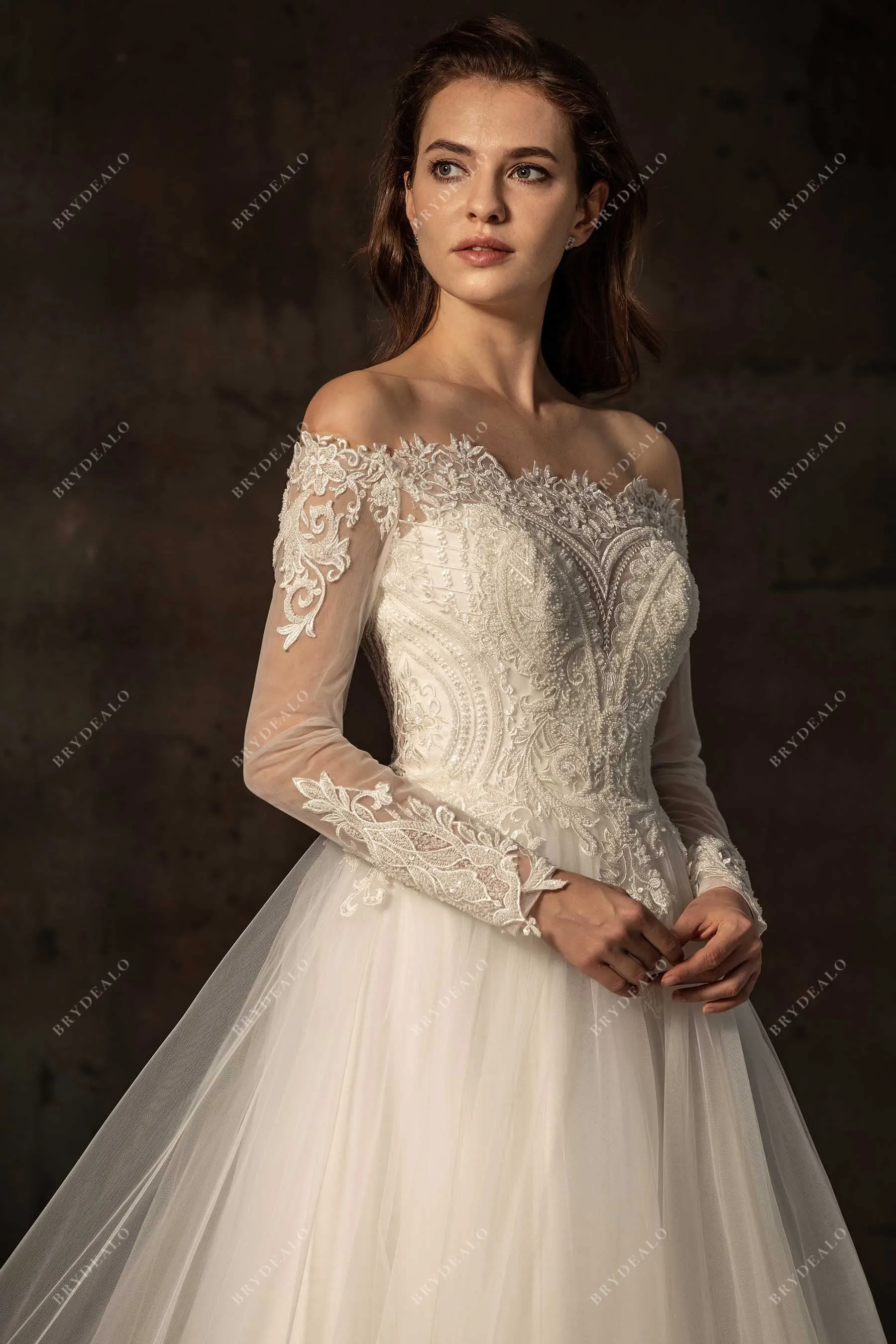 Off-shoulder Illusion Sleeve Designer Beaded Lace Wedding Ball Gown