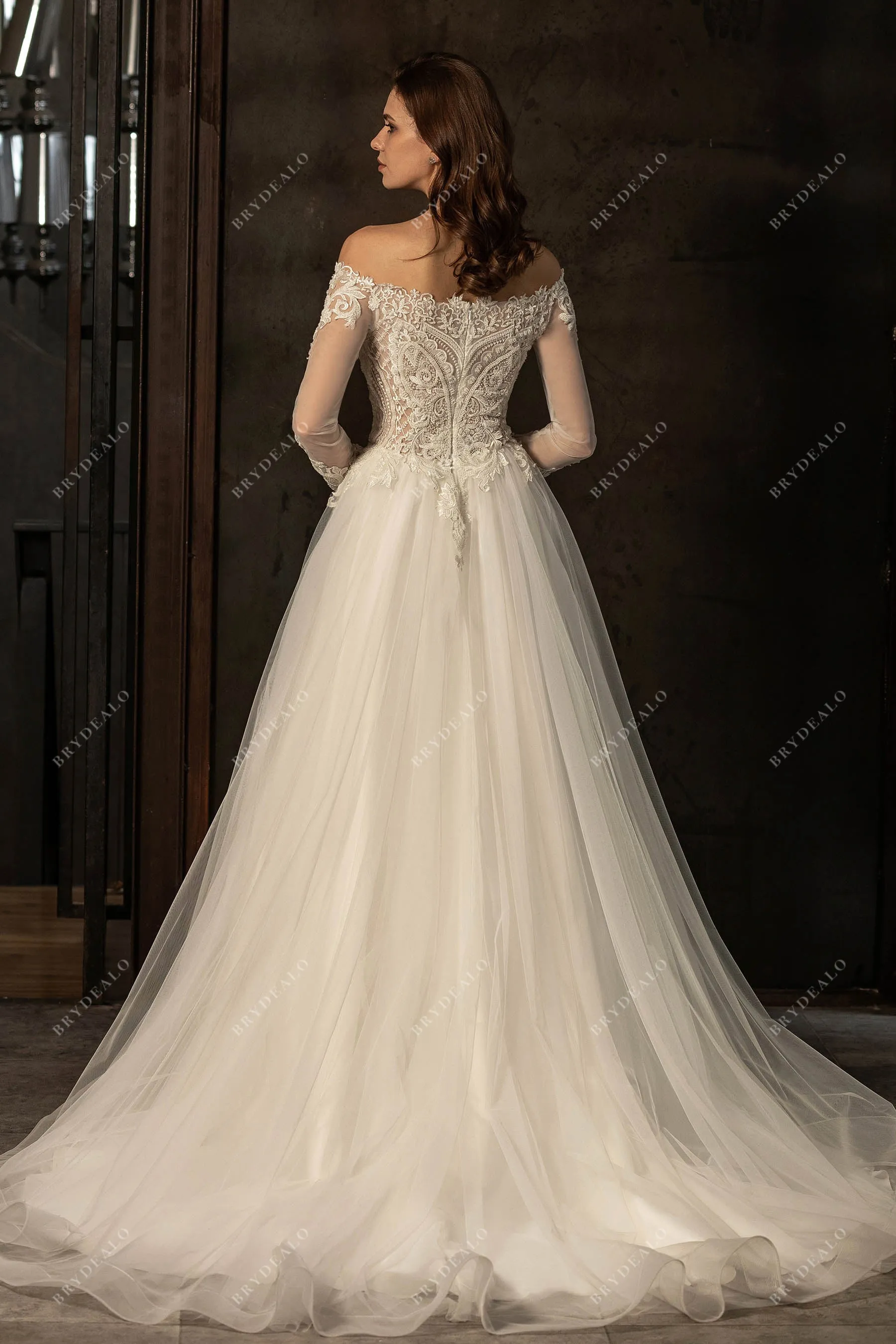 Off-shoulder Illusion Sleeve Designer Beaded Lace Wedding Ball Gown