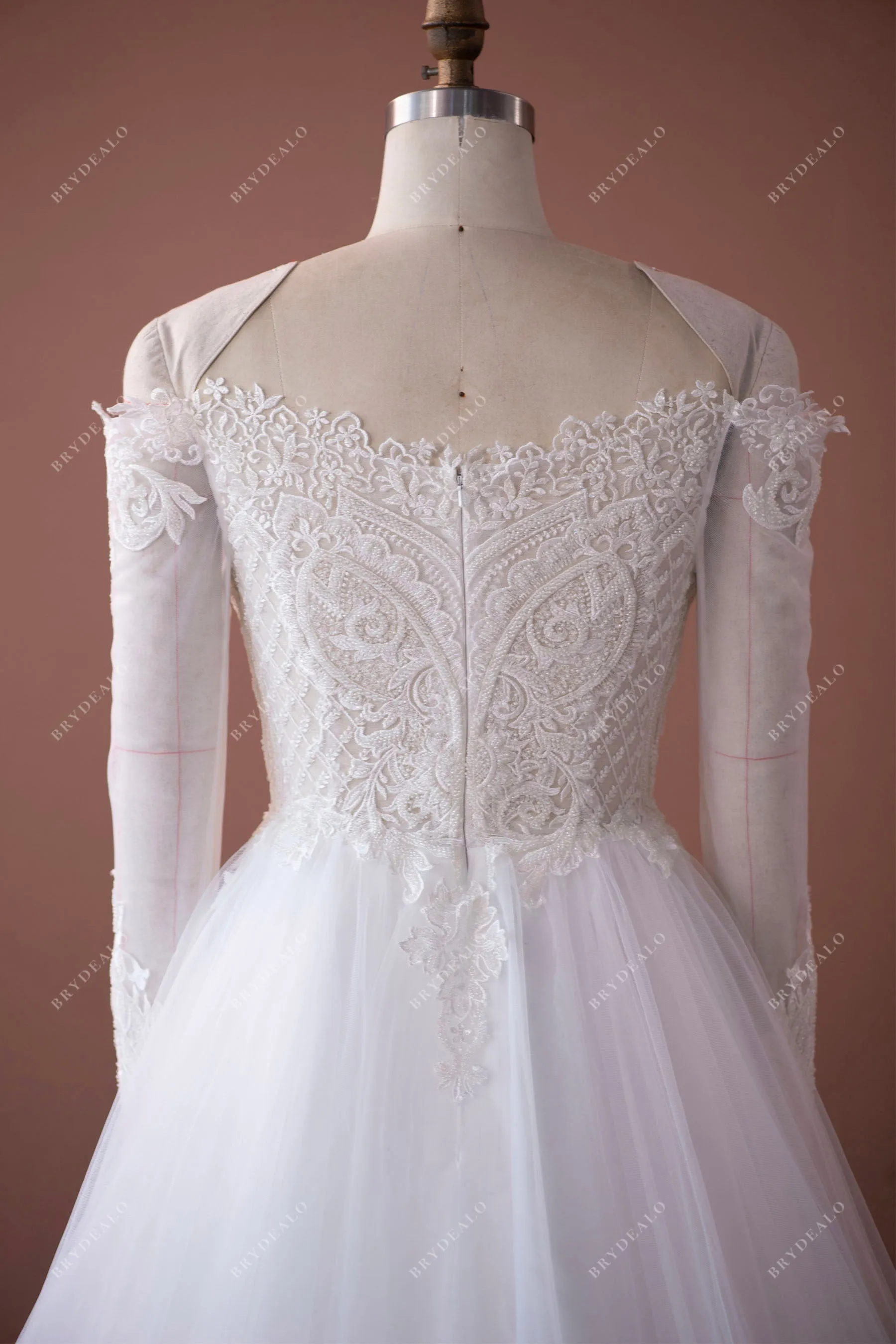 Off-shoulder Illusion Sleeve Designer Beaded Lace Wedding Ball Gown
