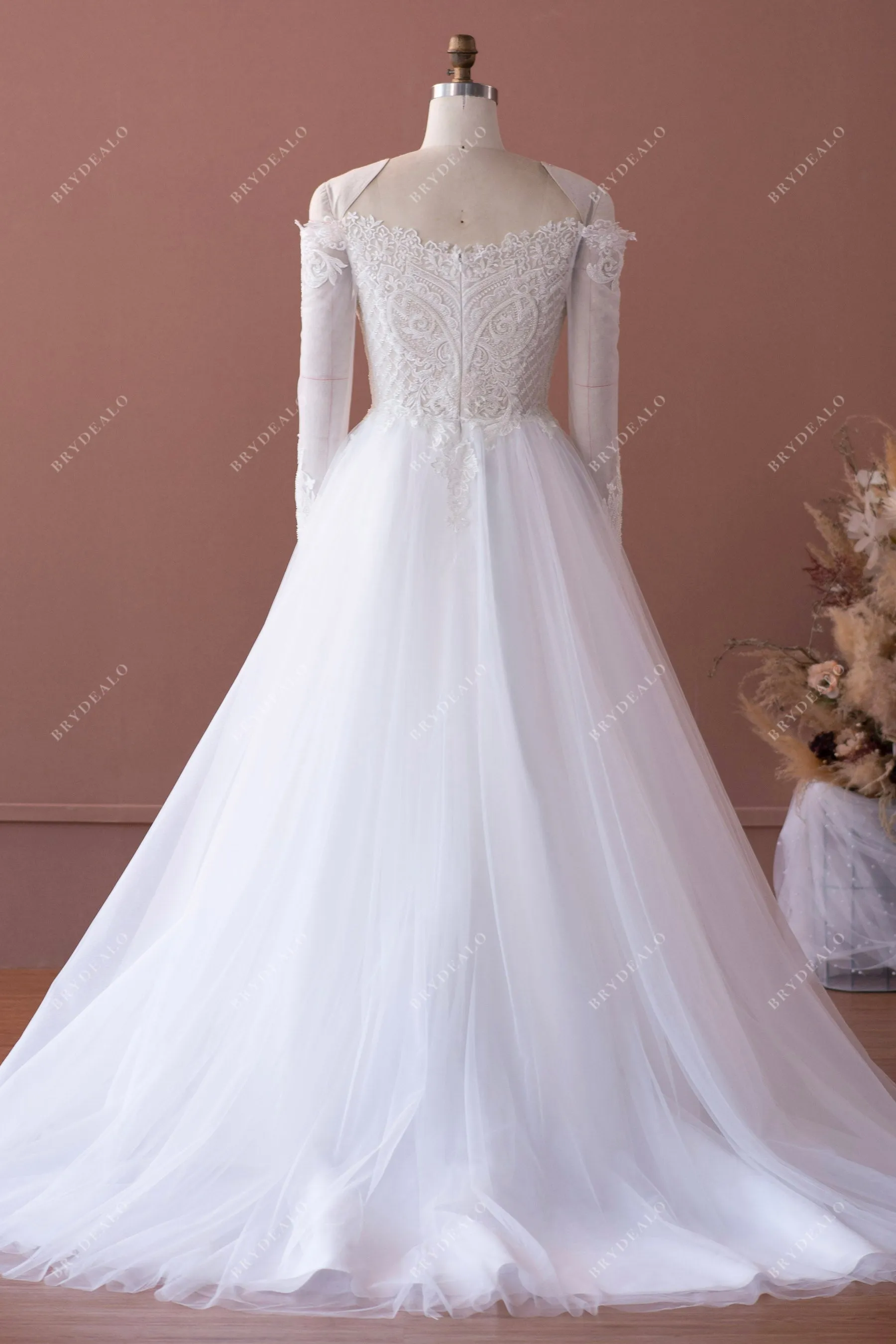 Off-shoulder Illusion Sleeve Designer Beaded Lace Wedding Ball Gown